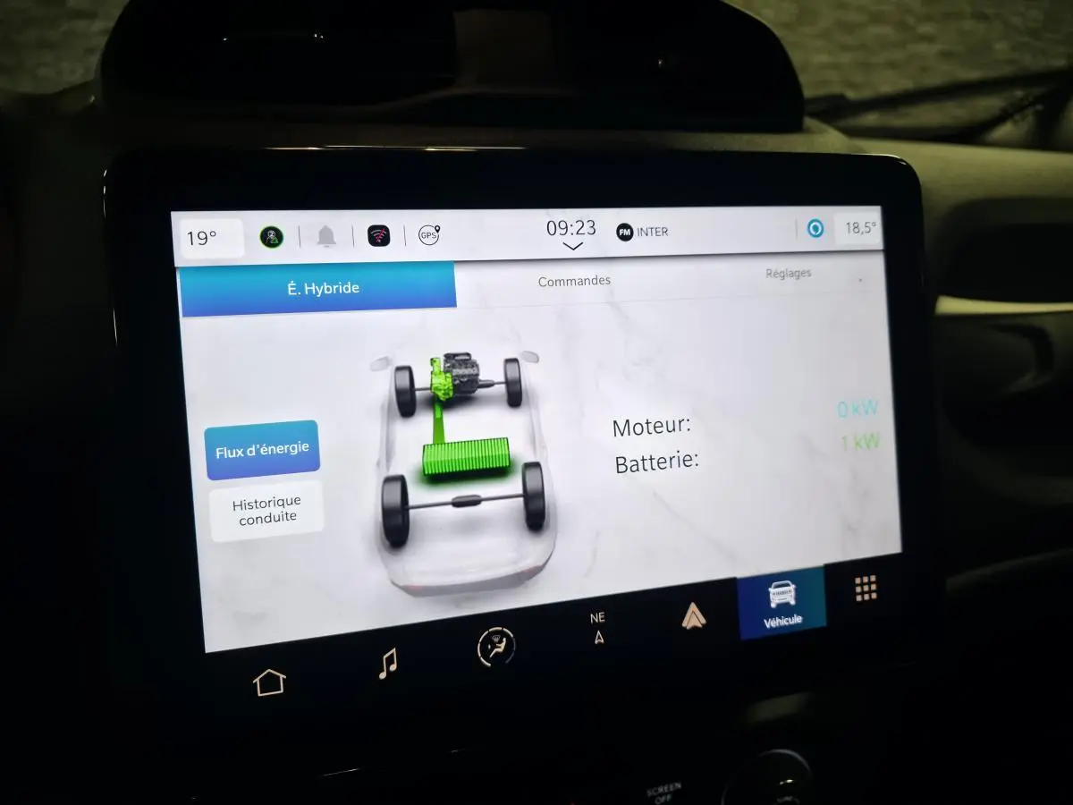 Écran tactile intérieur du Jeep Renegade 2024 montrant le flux d'énergie hybride en mode É. Hybride.