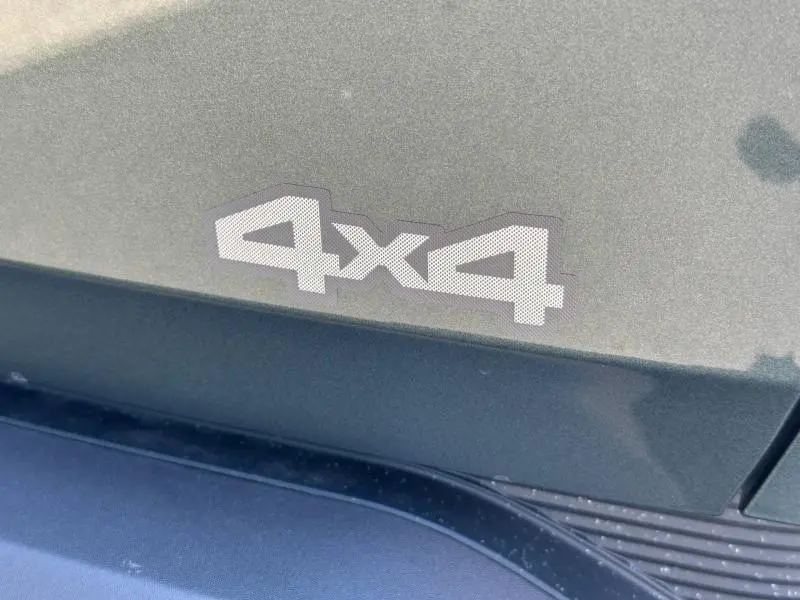 Gros plan sur le logo 4x4 gris clair sur la carrosserie Vert Cèdre métallisé du Dacia Duster 2026.