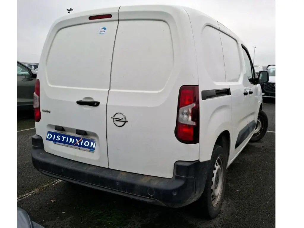 Vue 3/4 arrière droite d’un utilitaire Opel Combo Cargo blanc avec portes arrière battantes et pare-chocs noir.
