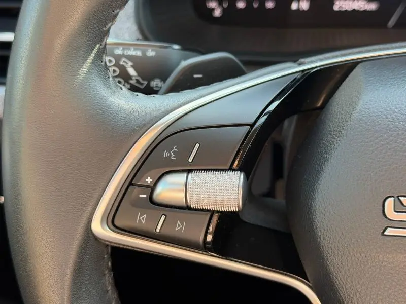 Gros plan sur la commande audio gauche du volant cuir noir d'une Skoda Scala 2025 finition Selection.