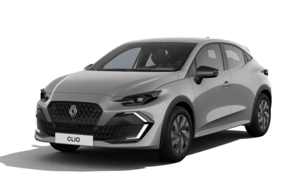 Renault Clio VI gris Rafale en vue 3/4 avant droit, avec calandre noire et feux LED distinctifs allumés.