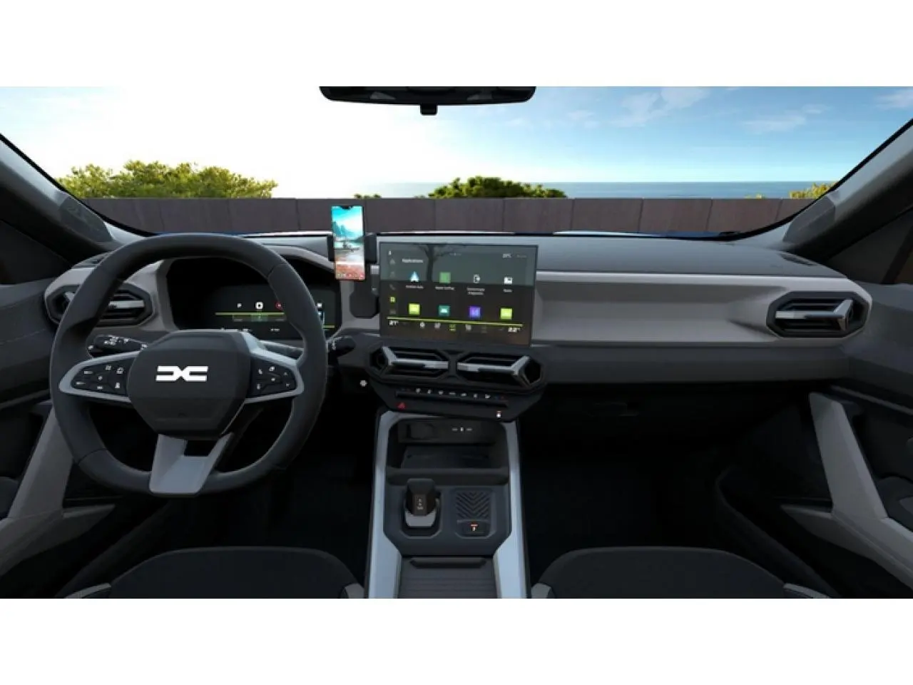 Vue intérieure avant du tableau de bord du Dacia Bigster 2026 avec écran tactile central et volant multifonction noir.