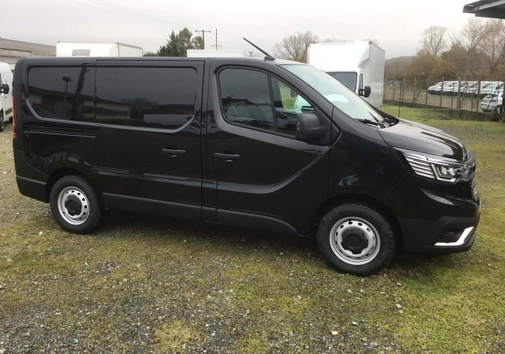 Renault Trafic Fourgon noir en vue de profil côté gauche, avec feux LED et jantes acier simples sur sol herbeux.