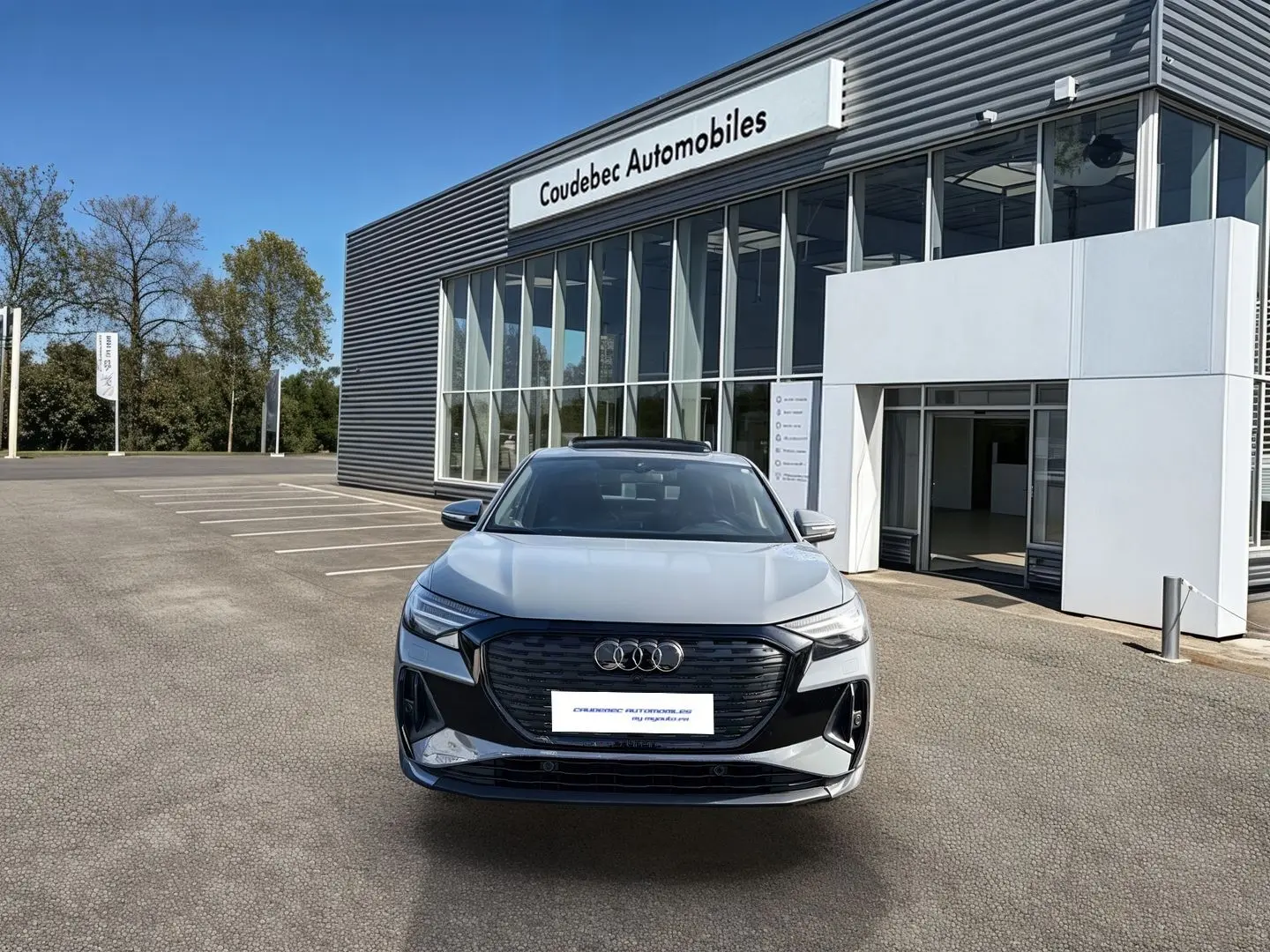 Audi Q4 e-tron gris galet vu de face, stationné devant un bâtiment moderne avec large baie vitrée.