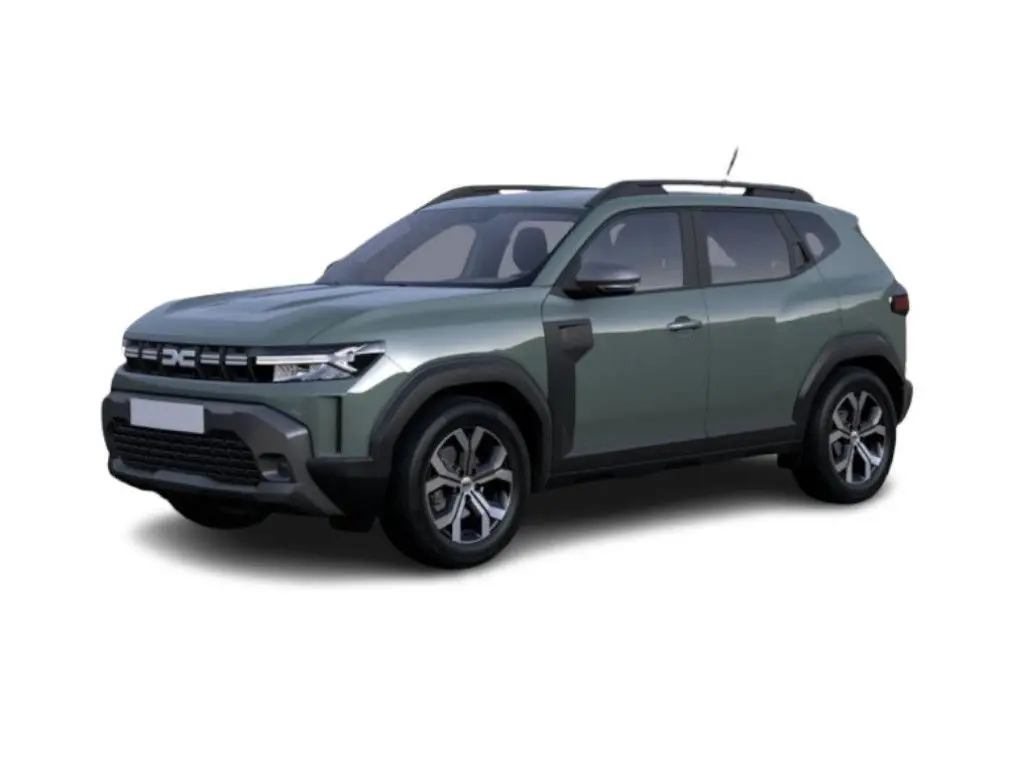 SUV Dacia Duster 2026 kaki lichen en vue 3/4 avant droit, avec protections noires et jantes bi-ton.