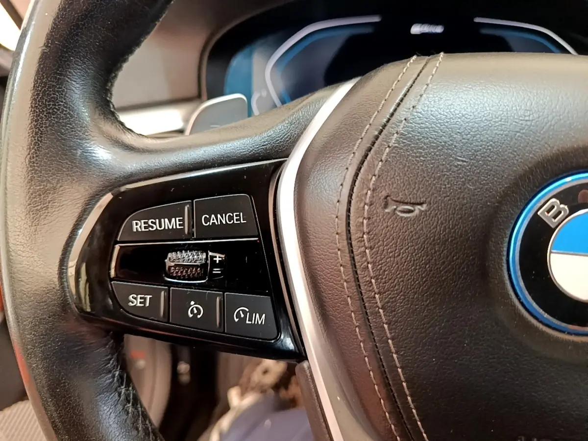 Gros plan sur le volant cuir noir de la BMW Série 5 Touring 530e, avec commandes de régulateur de vitesse à gauche.
