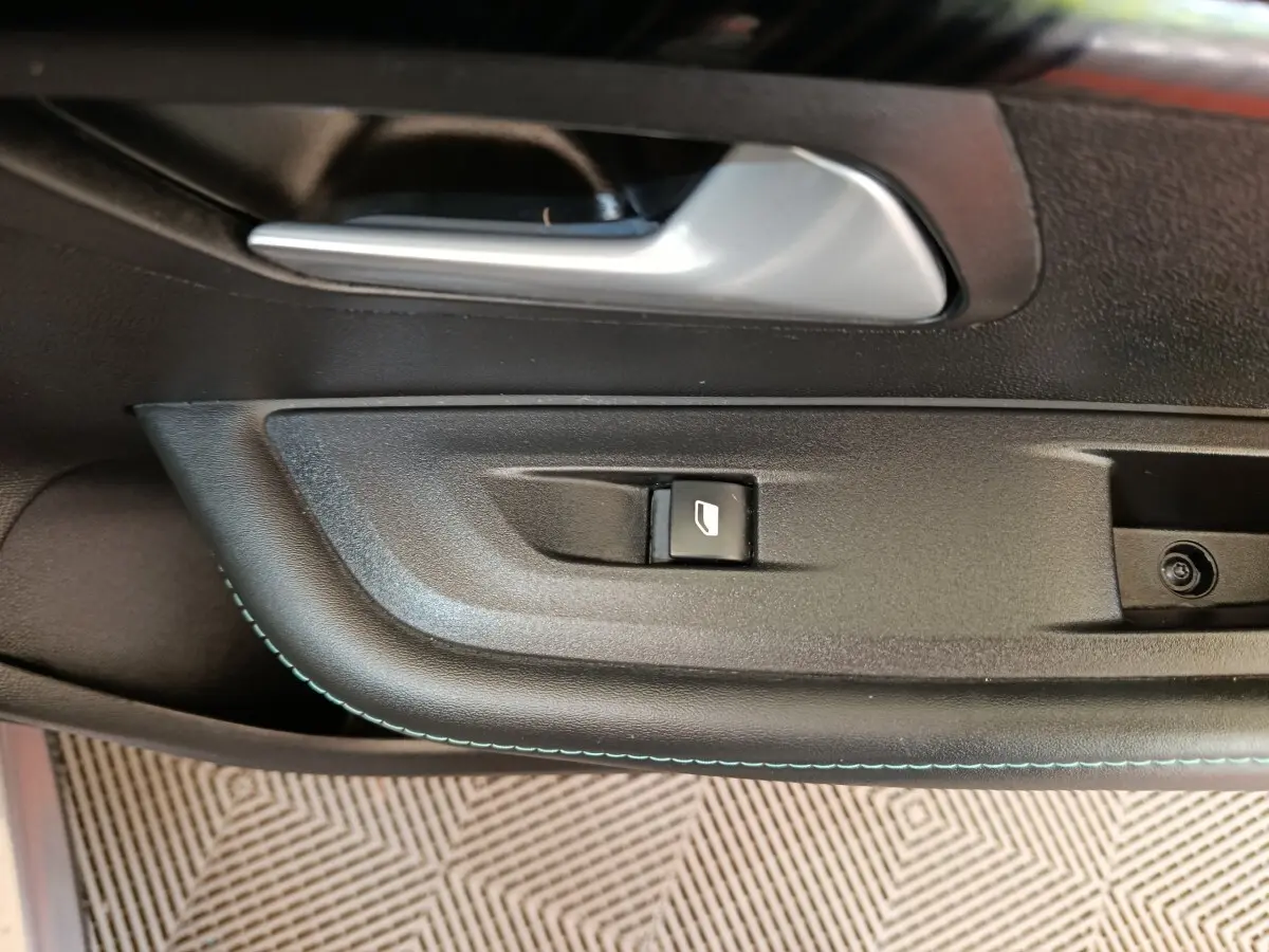 Gros plan sur la poignée intérieure et le bouton de lève-vitre côté conducteur de la Peugeot 208 2020, finition noire.