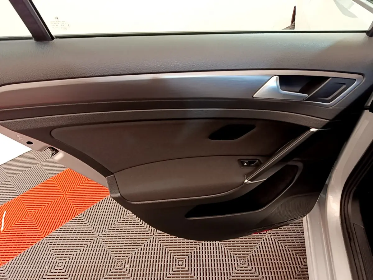 Vue intérieure côté gauche de la porte avant grise de la Volkswagen Golf 2019 avec garniture noire et insert bois.