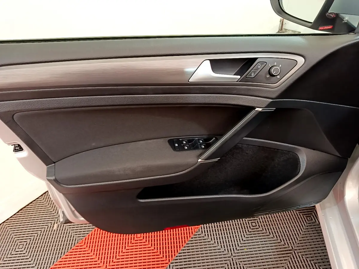 Porte avant gauche de Volkswagen Golf gris clair 2019, avec commandes électriques et insert imitation bois.