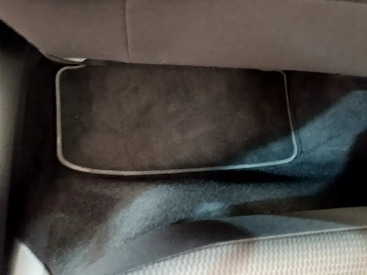 Tapis de sol noir côté passager avant d'une Volkswagen Golf 1.6 TDI gris clair, vue rapprochée intérieure.