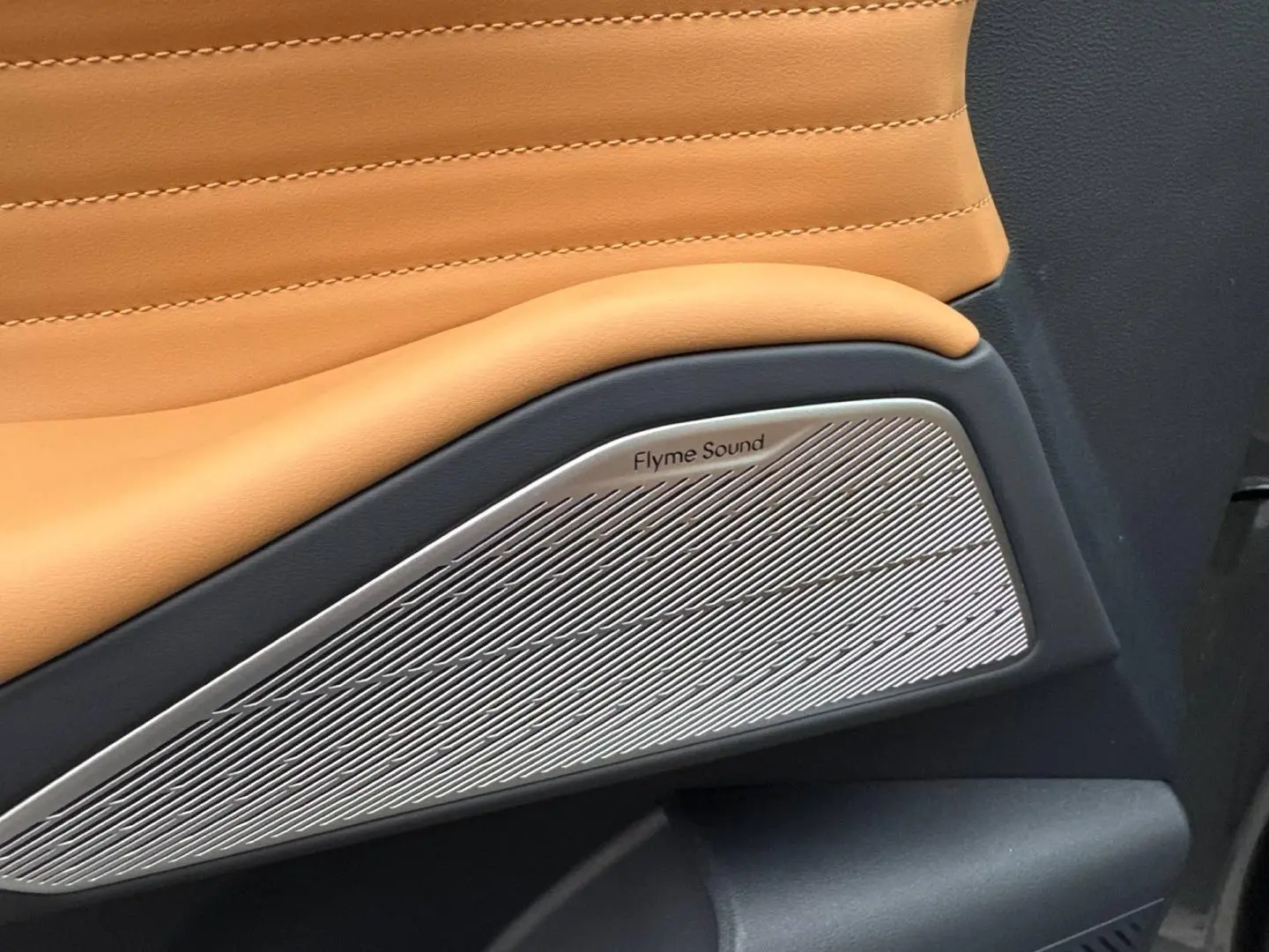 Gros plan sur la garniture de porte côté droit en cuir camel et haut-parleur Flyme Sound argenté du Geely STARRAY.