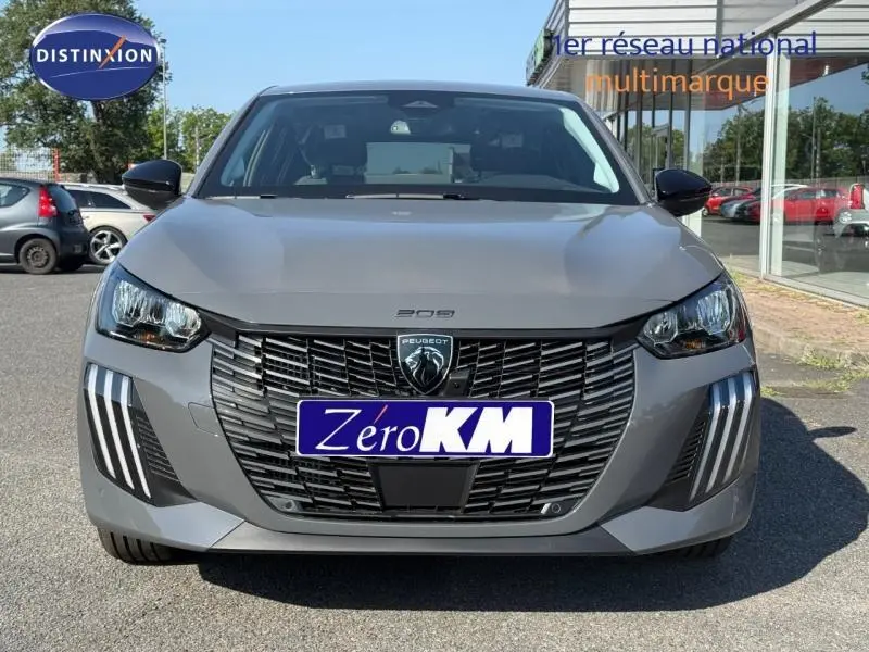 Vue frontale d'une Peugeot 208 gris Selenium avec calandre noire et feux LED verticaux distinctifs.