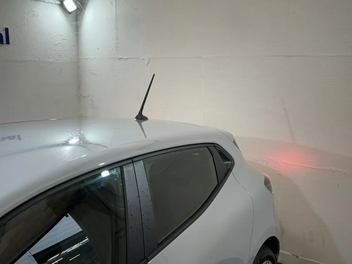 Vue arrière côté droit d'une Renault Clio gris clair avec antenne de toit et vitre arrière légèrement teintée.