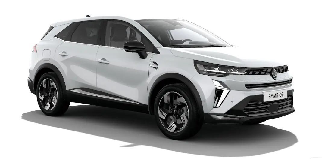 Renault Symbioz blanc nacré vu en 3/4 avant droit, avec calandre moderne et jantes noires stylisées.