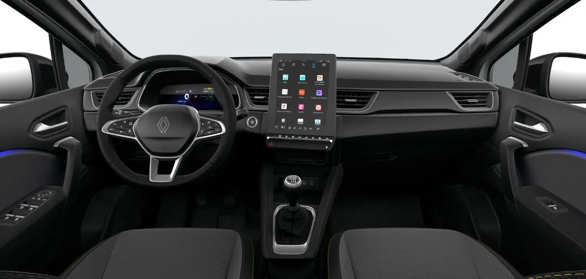 Intérieur noir du Renault Symbioz 2025, vue frontale du tableau de bord avec écran tactile vertical et volant multifonction.