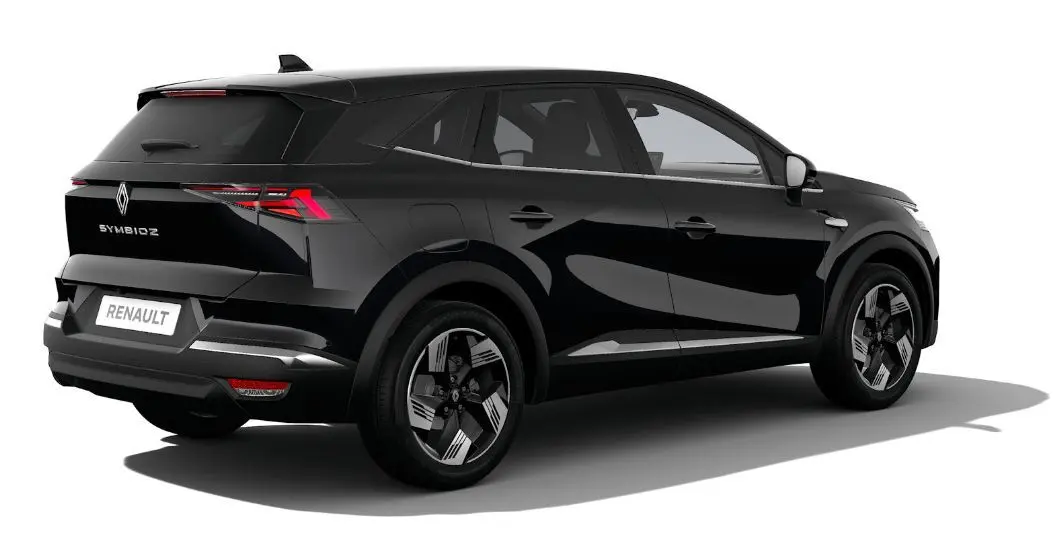 Vue 3/4 arrière droite du Renault SYMBIOZ noir étoile 2025 avec feux arrière LED et jantes bi-ton distinctives.
