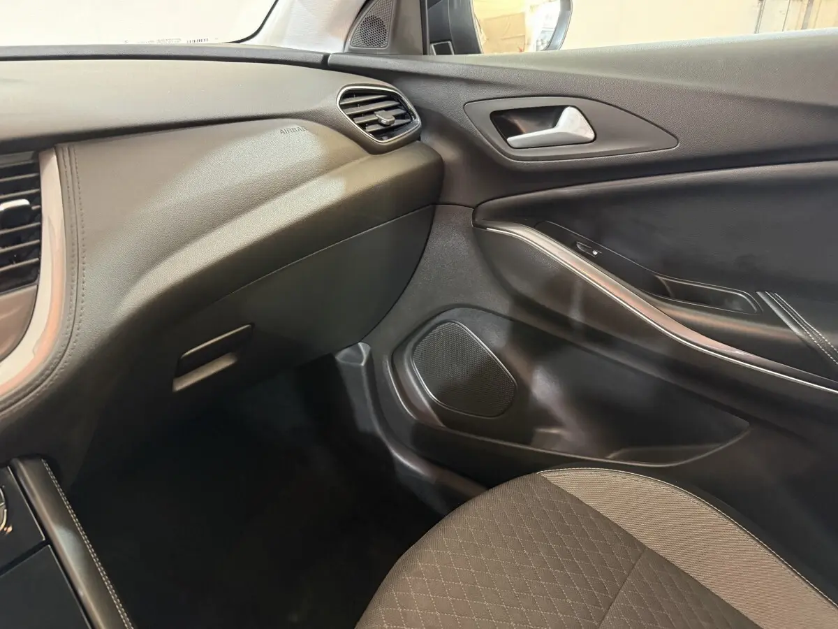 Vue intérieure côté passager de l’Opel Grandland X 2021, avec tableau de bord et porte en noir et gris.