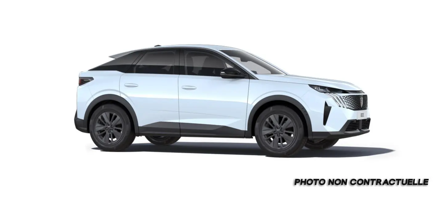 Peugeot 3008 blanc Okenite en profil droit, avec toit noir contrasté et jantes foncées, vue extérieure nette.