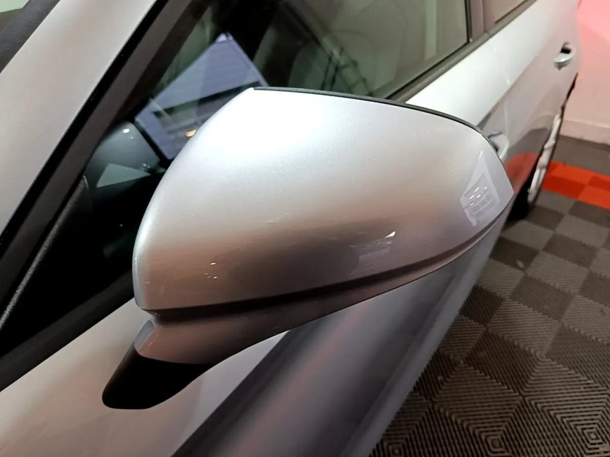 Rétroviseur côté gauche gris clair de la SEAT LEON 2023, vue rapprochée sur la portière et la vitre.
