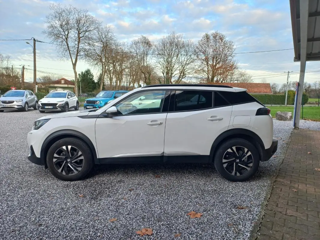 Peugeot 2008 blanc vue de profil côté gauche, avec toit noir et jantes alliage distinctives.