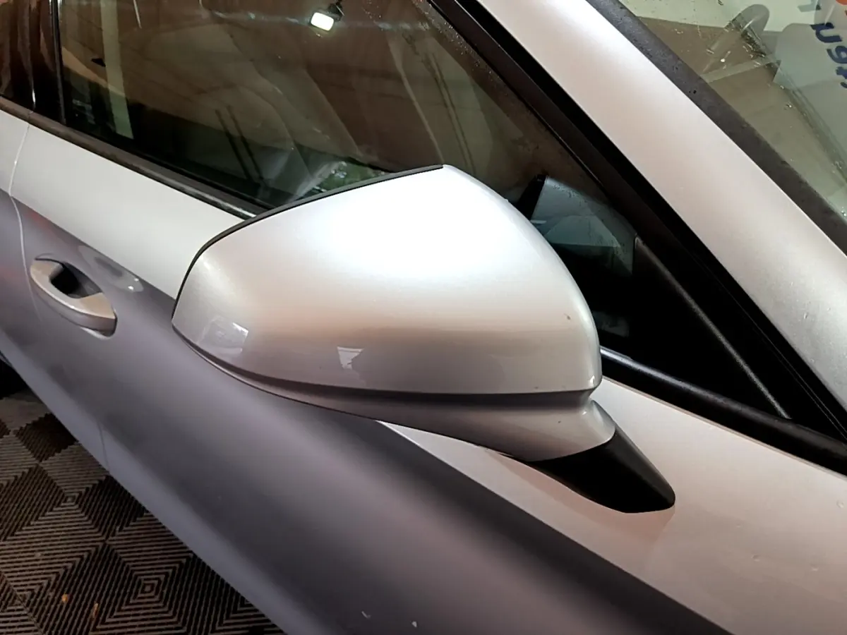 Rétroviseur côté gauche gris clair de la SEAT LEON 2.0 TDI 150 DSG Style Business, vue rapprochée sur la portière.