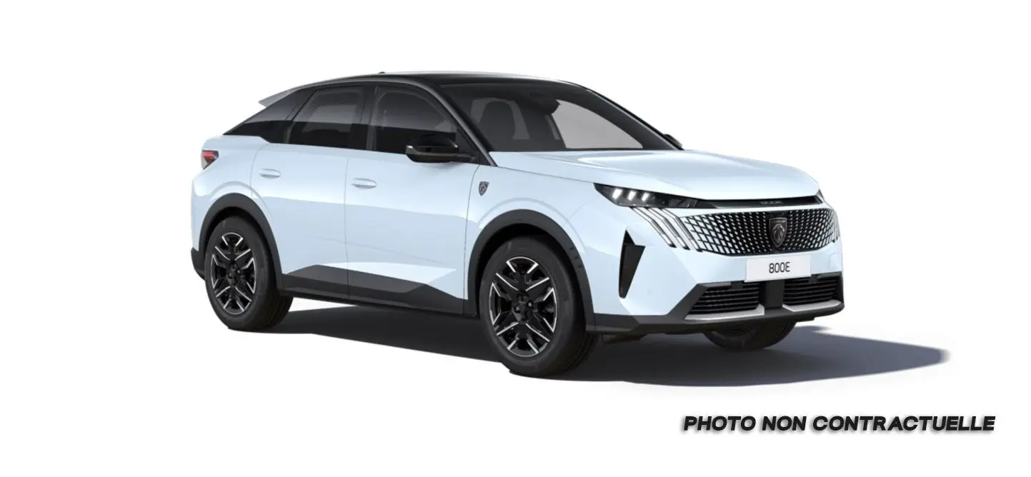 Peugeot 3008 blanc okenite avec toit noir, vue 3/4 avant droit, calandre et phares LED distinctifs.