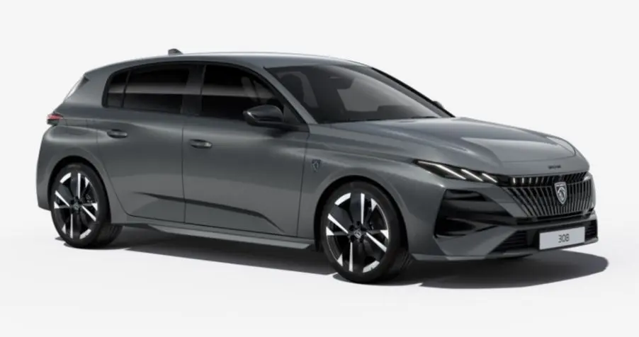 Peugeot 308 Gris Sélénium en vue 3/4 avant droit, avec calandre noire distinctive et jantes alliage 18'' bi-ton.