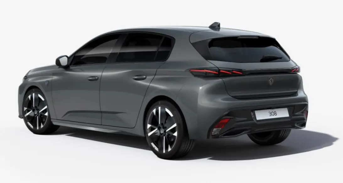 Peugeot 308 gris sélénium vue 3/4 arrière droit, jantes alliage 18'' bi-ton et feux arrière LED griffés.