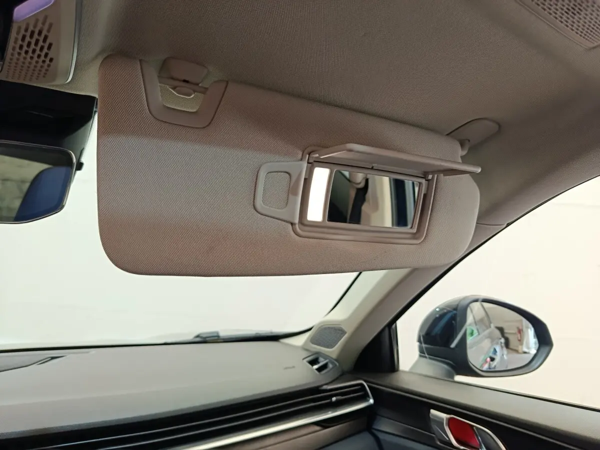 Vue intérieure côté conducteur du pare-soleil beige avec miroir éclairé et rétroviseur extérieur bleu du Link & Co 01 hybride rechargeable.