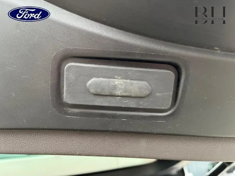 Détail du bouton d'ouverture électrique du coffre sur le hayon intérieur d'un Renault Espace gris Cassiopée.