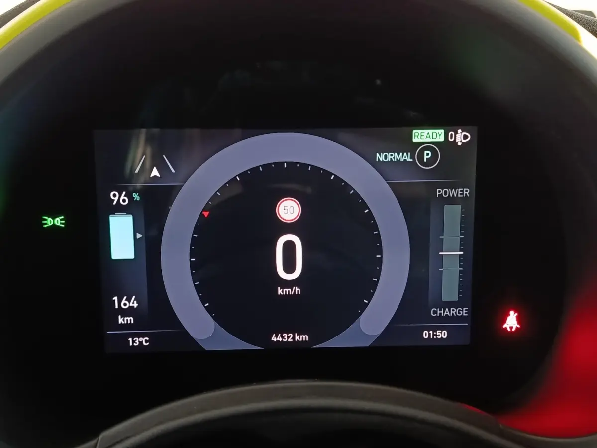 Affichage numérique du combiné d'instruments du Fiat 500 BEV 24kWh montrant la vitesse à 0 km/h et la batterie à 96%.