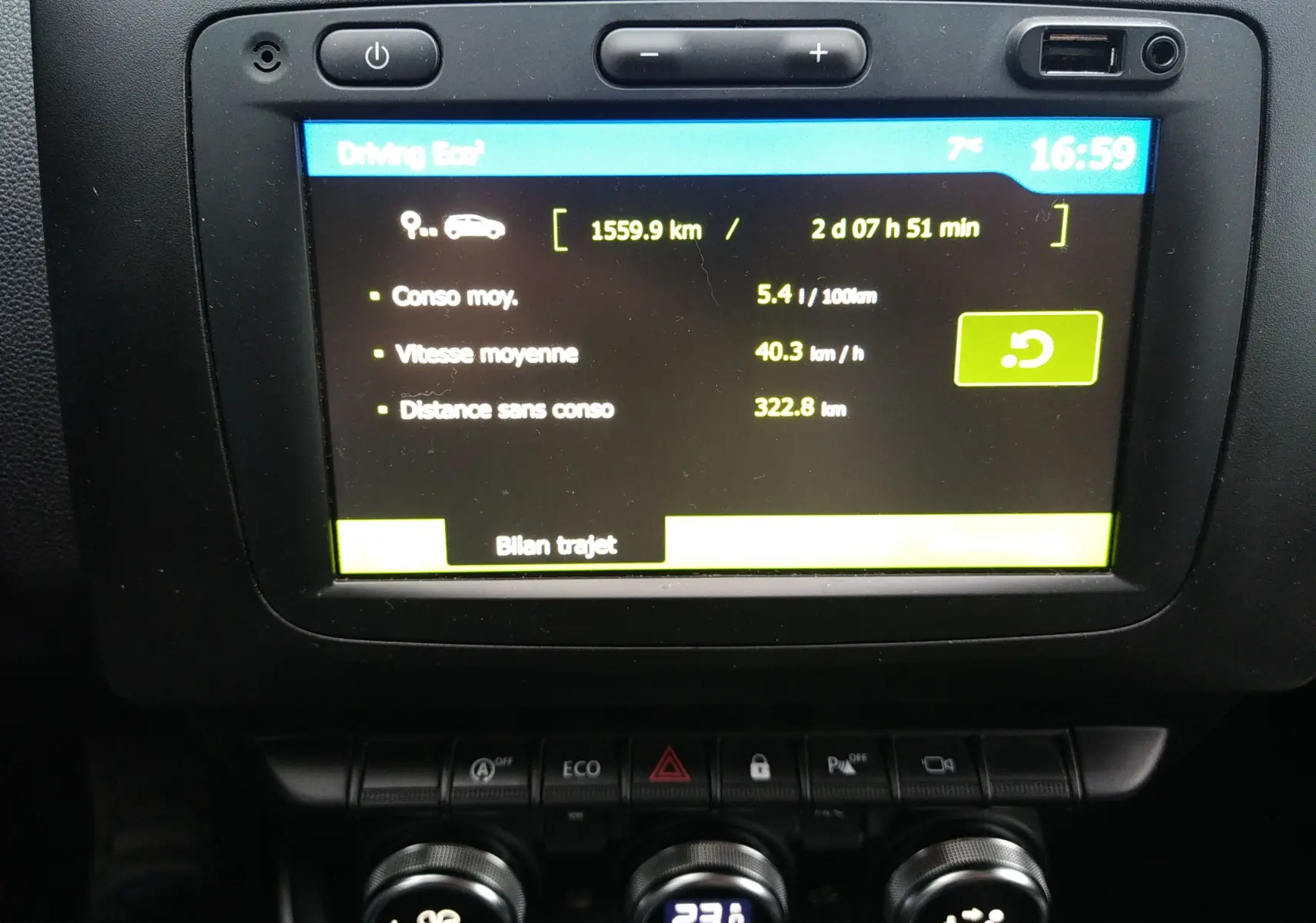 Écran central tactile du tableau de bord du Dacia Duster 2021 affichant les données de consommation et de trajet.