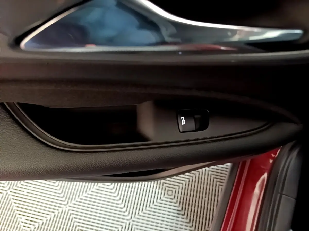 Gros plan sur la poignée intérieure et la commande de verrouillage de la porte côté gauche d’une Opel Insignia rouge.