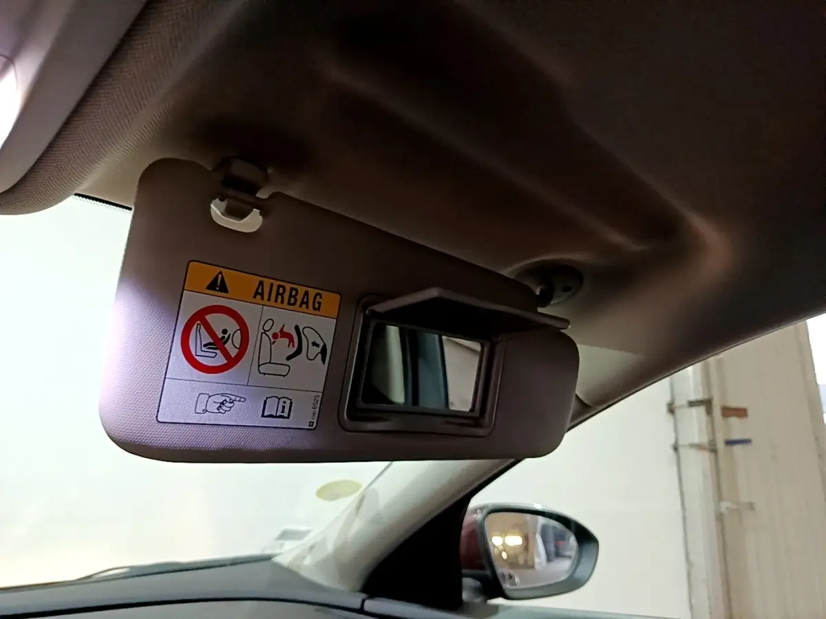 Vue intérieure côté conducteur de l'Opel Insignia rouge, avec pare-soleil et rétroviseur latéral visible.