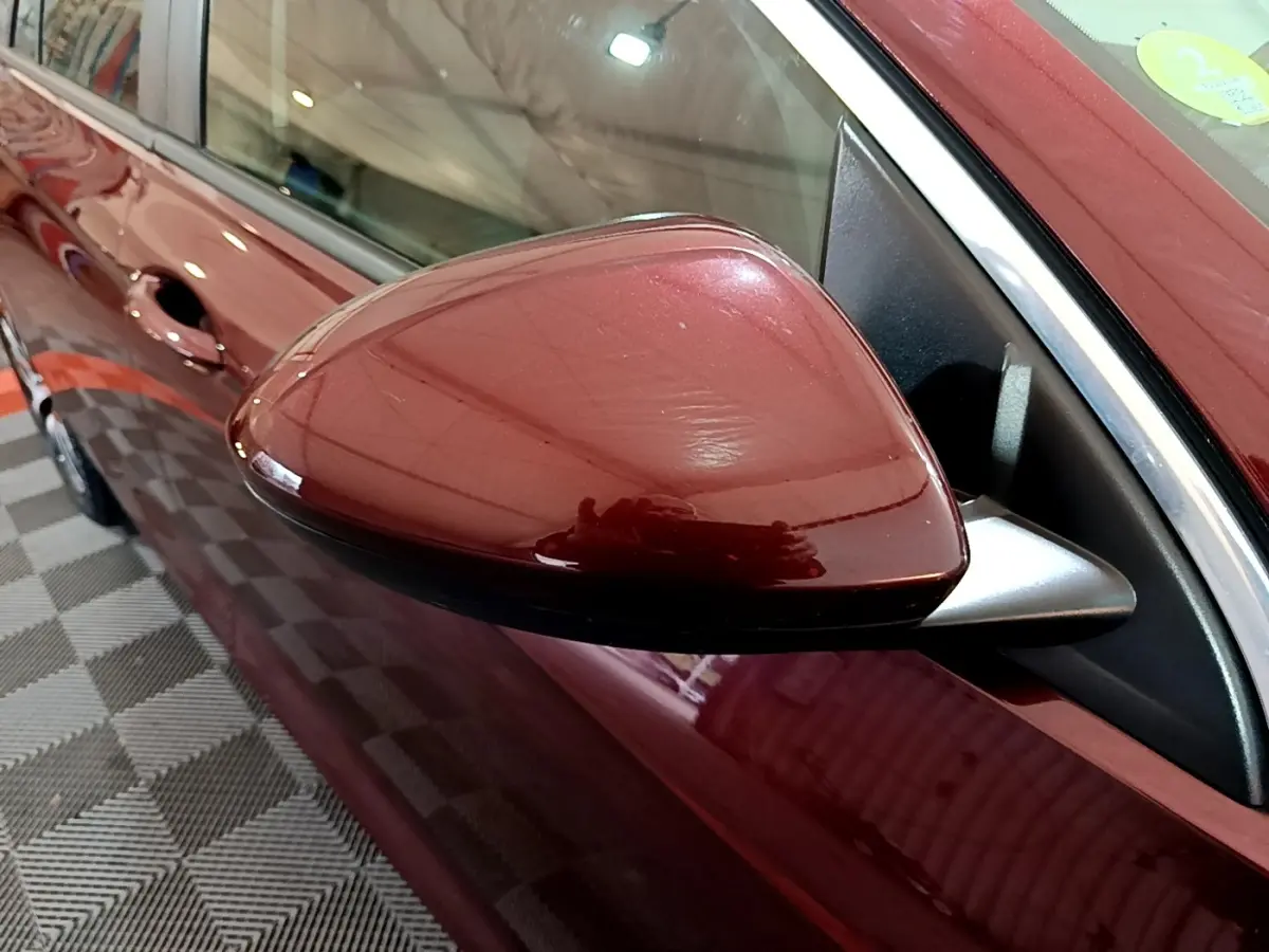 Gros plan sur le rétroviseur côté gauche de l’Opel Insignia rouge, montrant la portière et la poignée du véhicule.