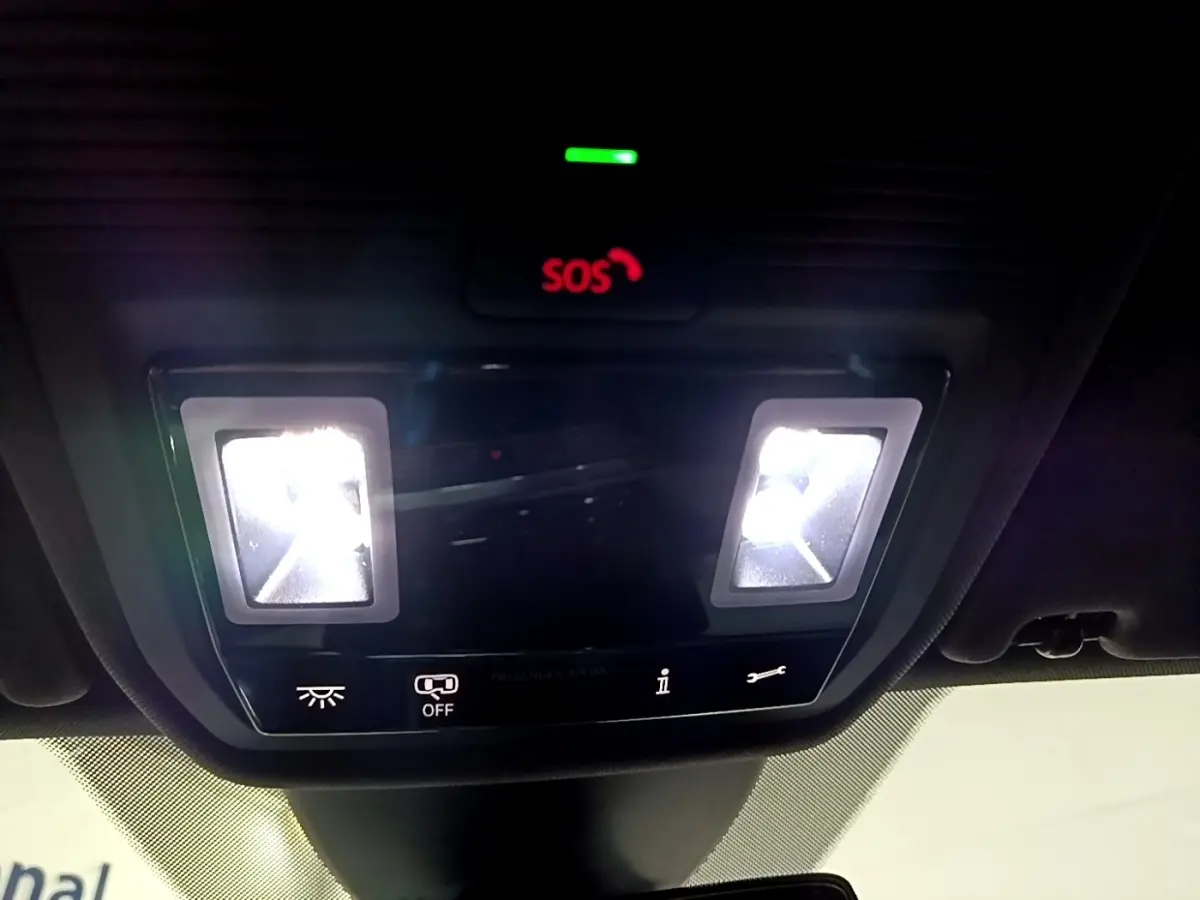 Vue intérieure du plafonnier avec éclairage LED et bouton SOS rouge allumé dans un CUPRA Formentor gris foncé 2024.