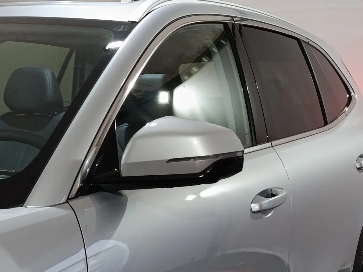 Vue latérale gauche rapprochée du GEELY STARRAY gris clair, mettant en valeur le rétroviseur et les vitres teintées.