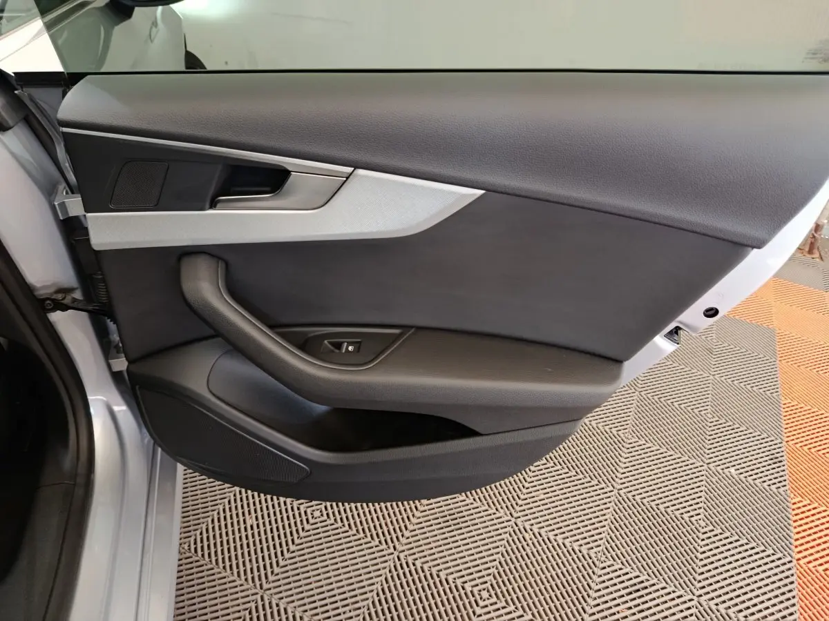 Vue intérieure de la porte avant gauche gris clair de l'Audi A5 40 TFSI avec garniture noire et insert argenté.