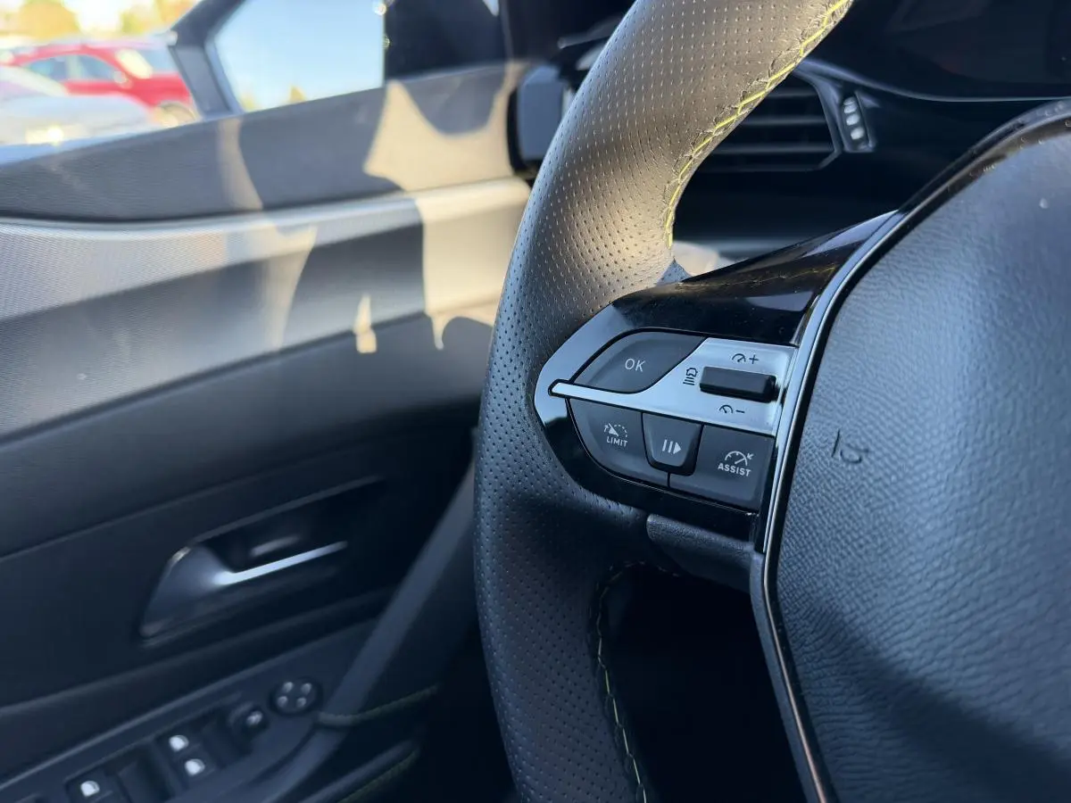 Gros plan sur le volant noir perforé et les commandes de régulateur de vitesse côté gauche, avec porte intérieure noire en arrière-plan.