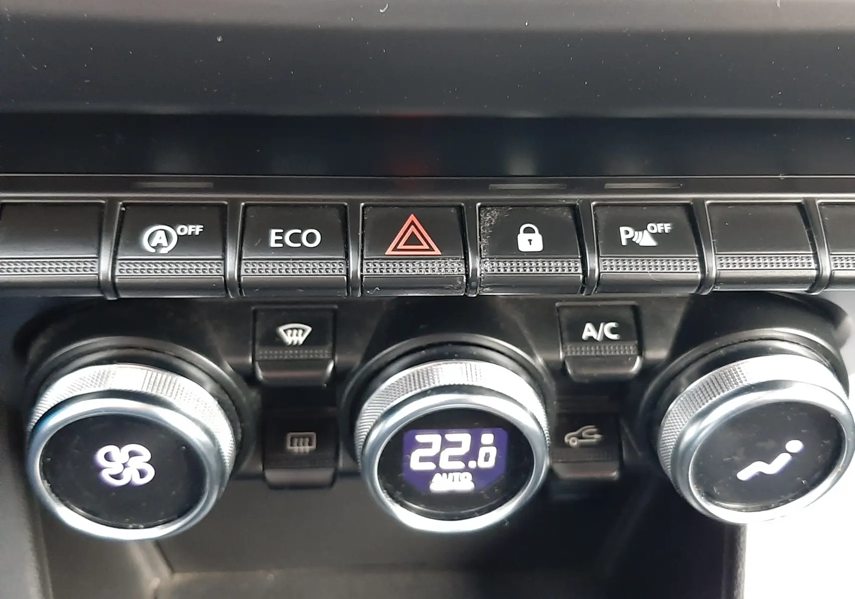 Gros plan sur la console centrale du Dacia Duster 2019, montrant les commandes de climatisation et les boutons de fonction.