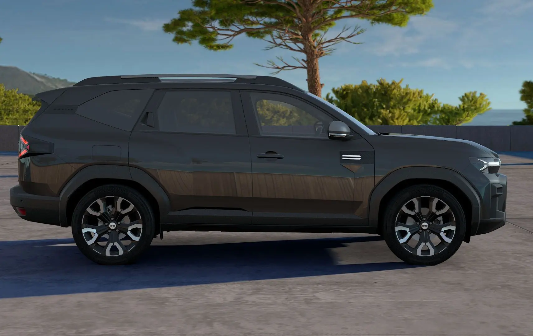 Profil droit du Dacia Bigster Hybrid 155 Journey noir nacré, avec jantes alliage et toit ouvrant panoramique visible.