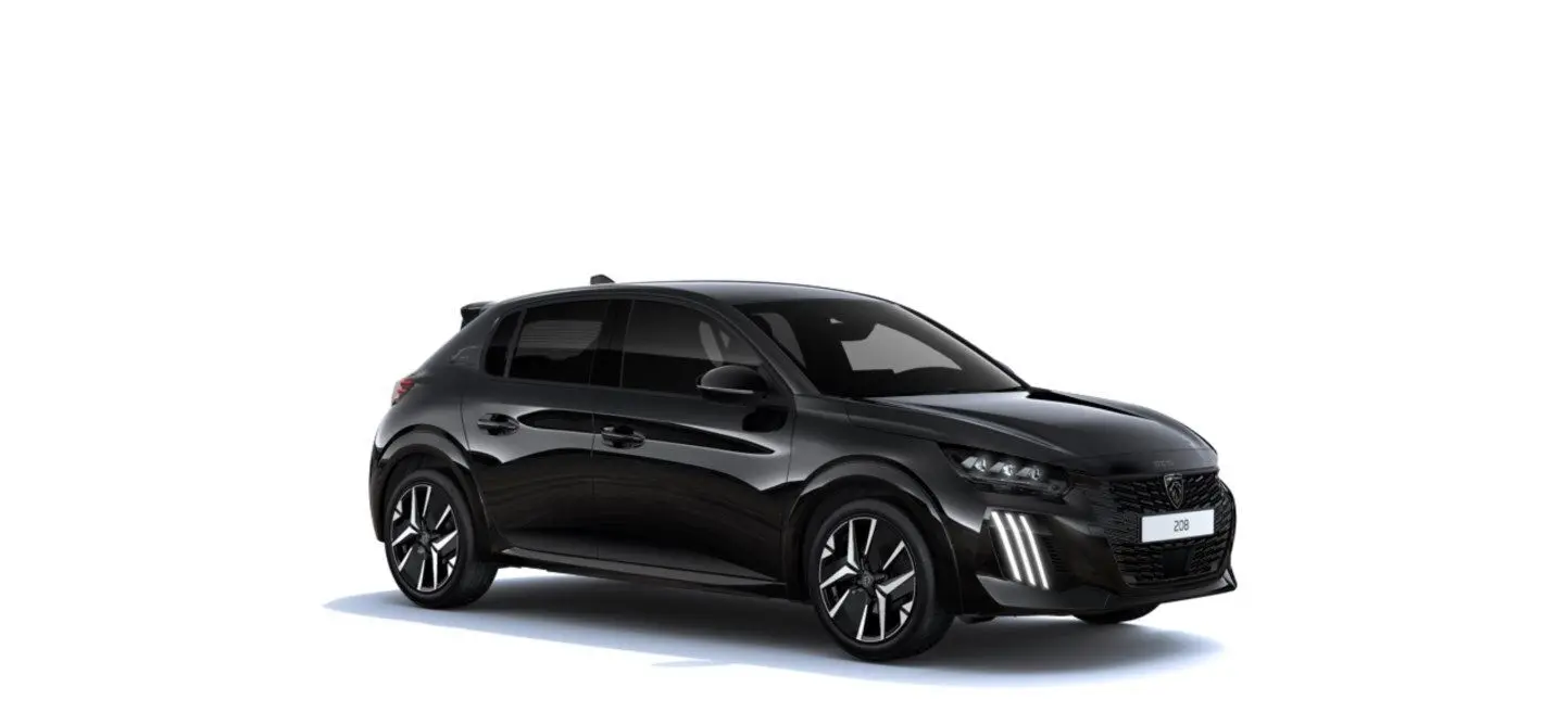 Peugeot 208 1.2 Hybrid 145ch GT noir perla en vue 3/4 avant droit avec feux LED verticaux distinctifs.