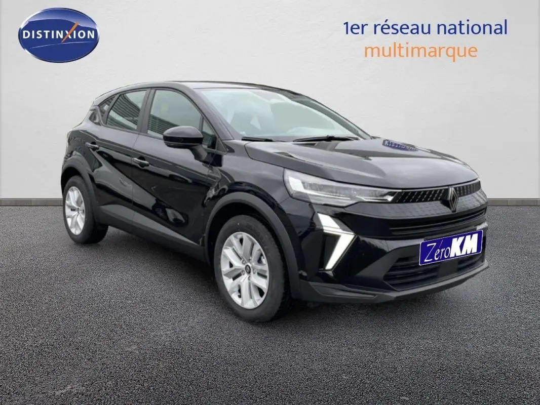 Renault Captur noir 2025 en 3/4 avant droit, avec feux LED et jantes argentées visibles.