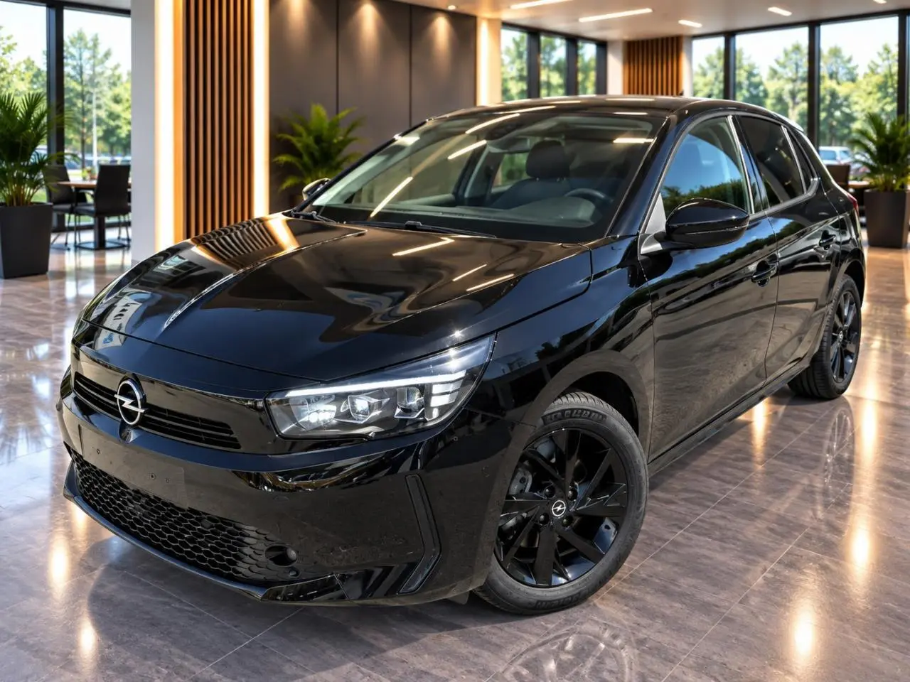 Opel Corsa 2025 noir perla nera vue 3/4 avant intérieur showroom avec jantes noires brillantes.