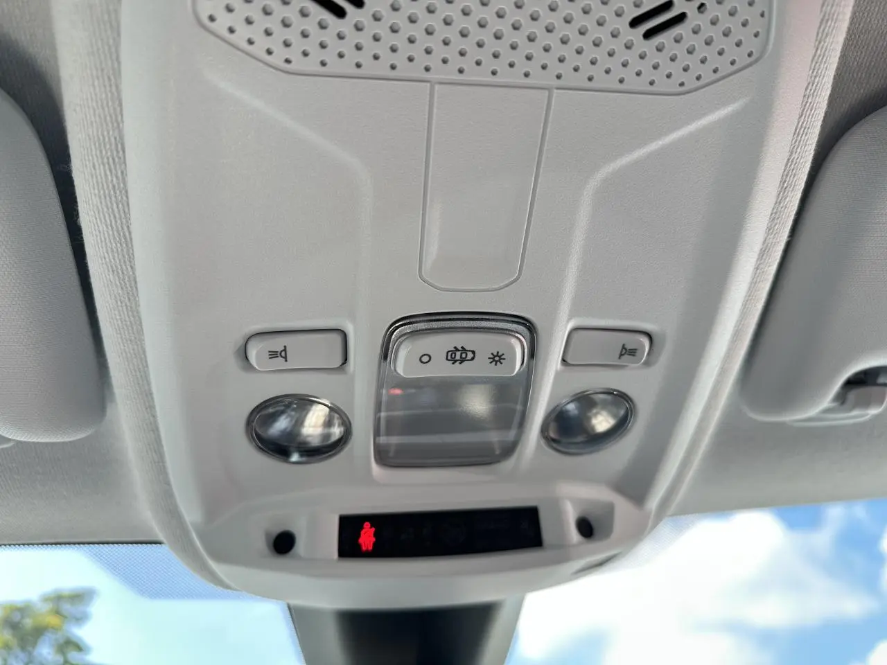 Plafonnier intérieur gris clair avec commandes d’éclairage et indicateur de ceinture dans une Peugeot 208 blanche.