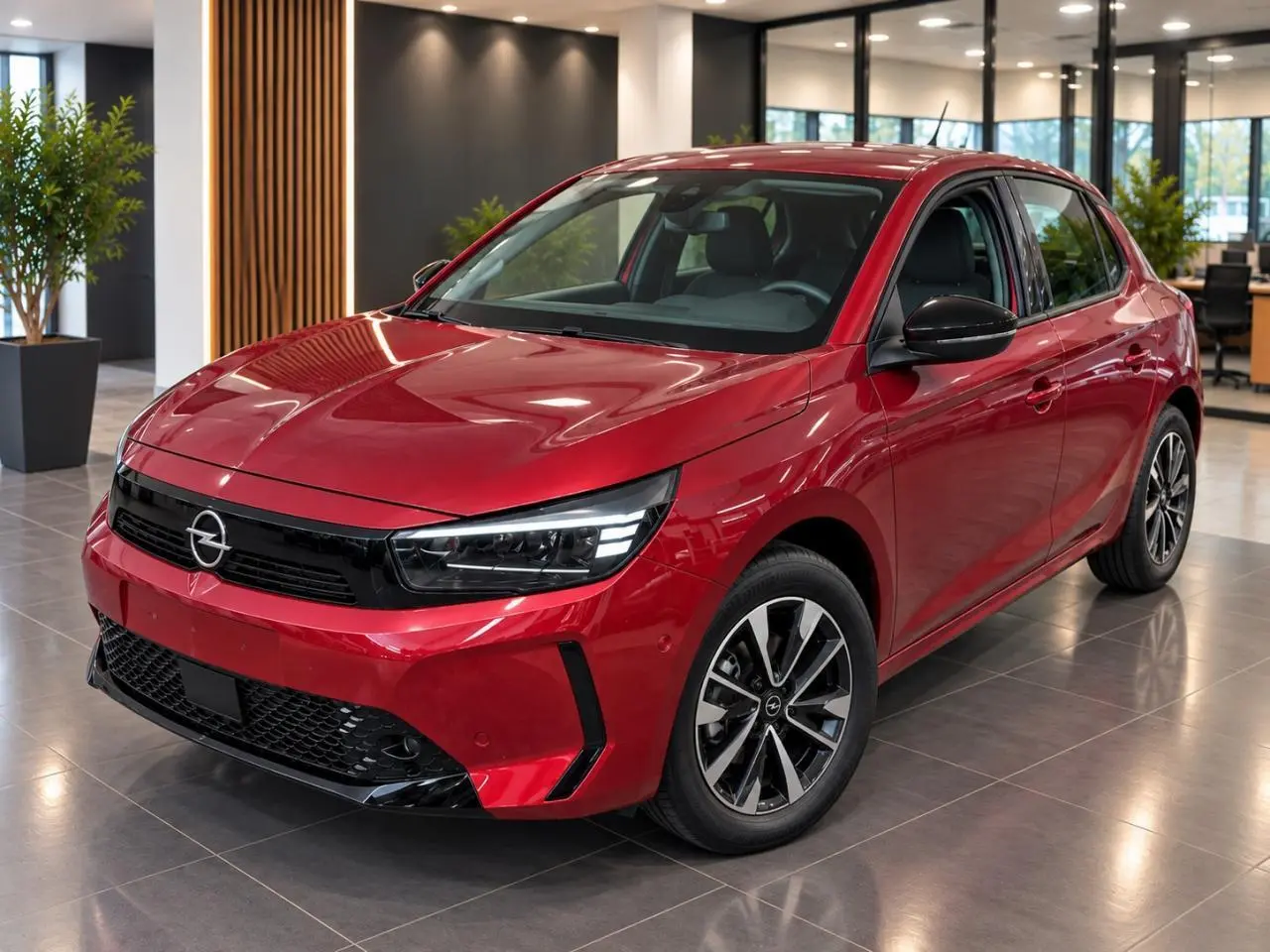 Opel Corsa 2025 rouge peperoncino vue 3/4 avant droit, avec calandre noire et jantes alliage distinctives.