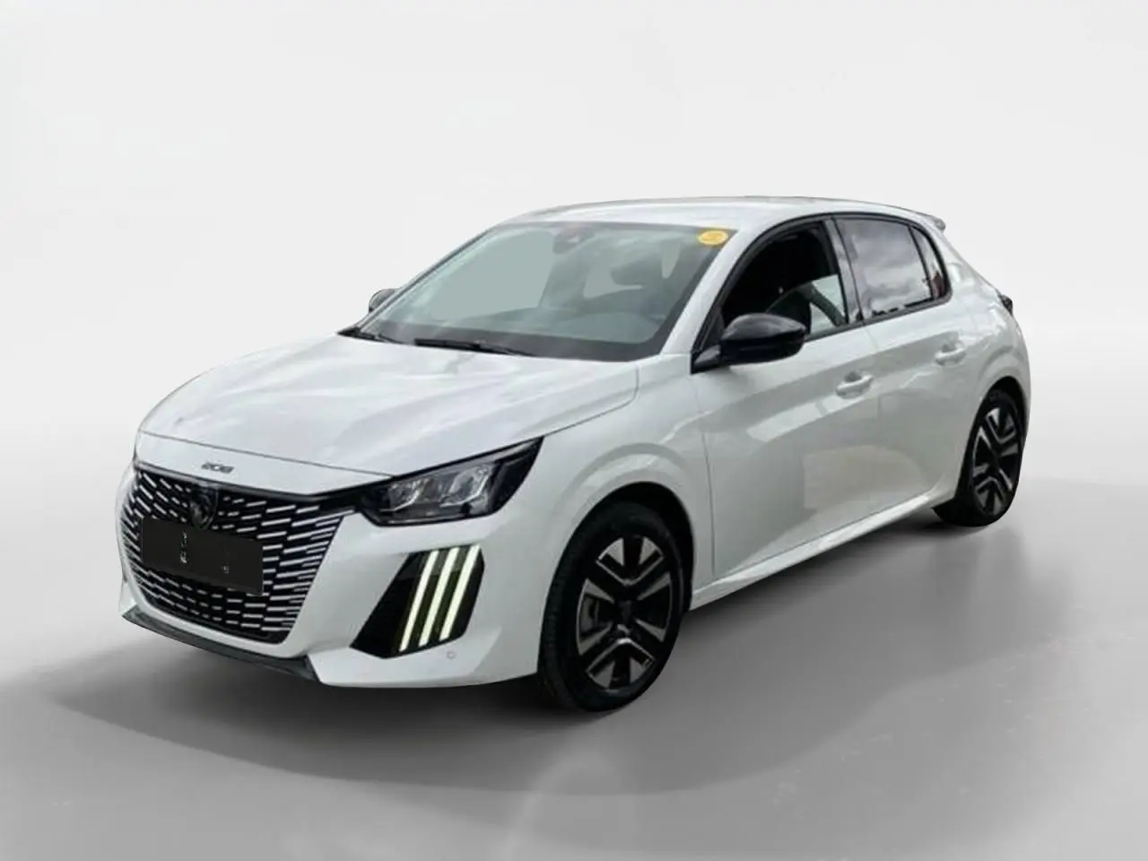 Peugeot 208 blanc vue 3/4 avant droit, avec feux diurnes verticaux LED et jantes noires distinctives.