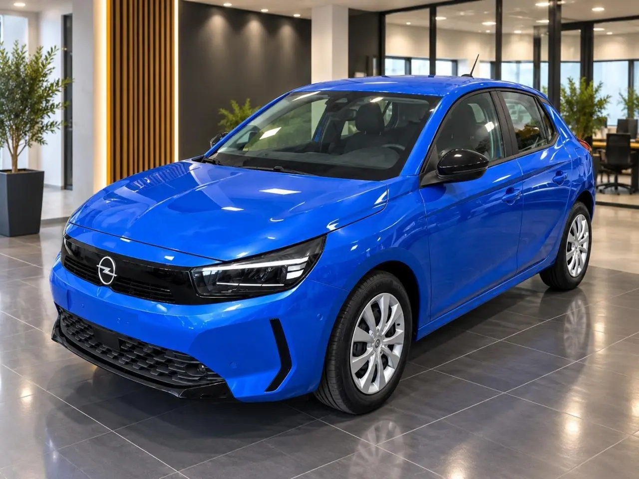 Opel Corsa 2025 bleu voltaik vue 3/4 avant droit, calandre noire et jantes argentées en showroom.
