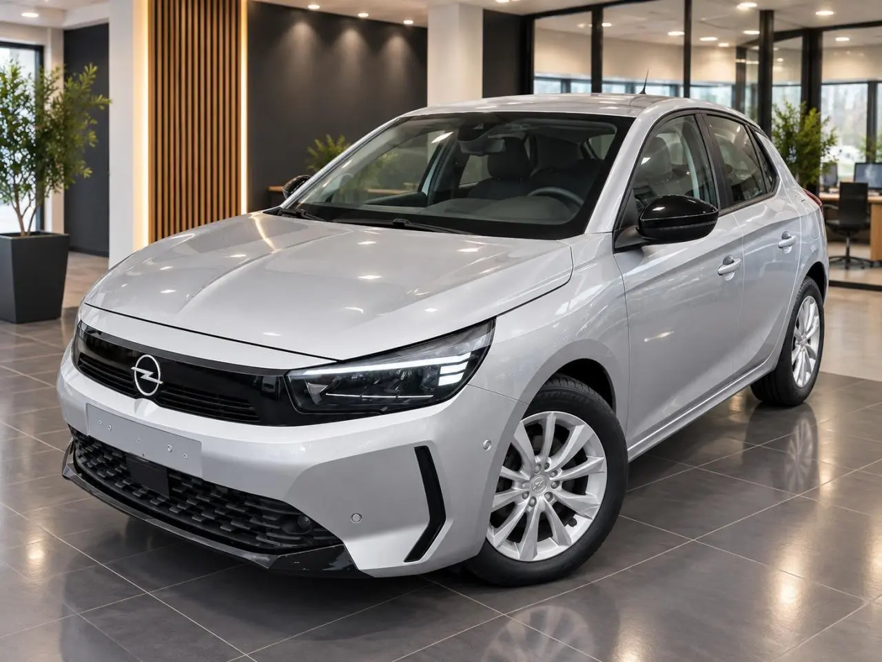 Opel Corsa 2025 gris kristall vue 3/4 avant en intérieur, avec calandre noire et jantes argentées.