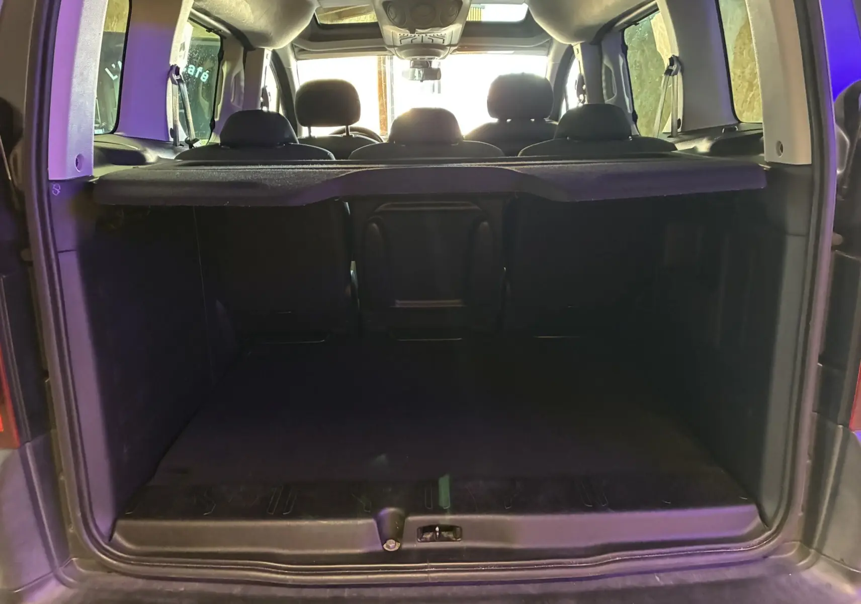 Vue arrière du coffre ouvert d’un Citroën Berlingo Multispace bleu, montrant l’espace de chargement et les appuie-têtes noirs des sièges arrière.